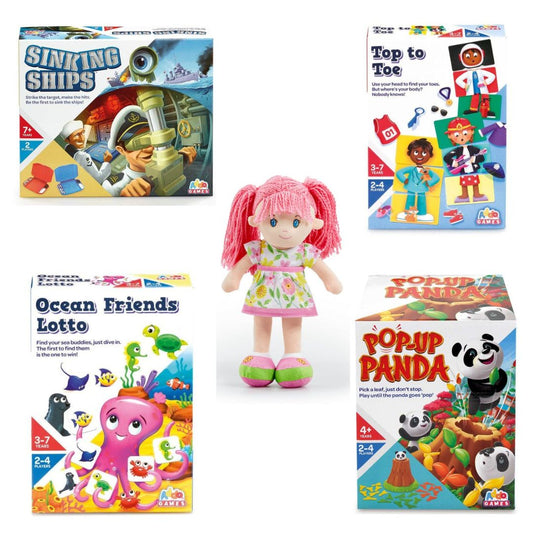 A bundle of Addo Games including Sinking Ships, Top to Toe, Ocean Friends Lotto, Pop-Up Panda, and a pink-haired plush doll.