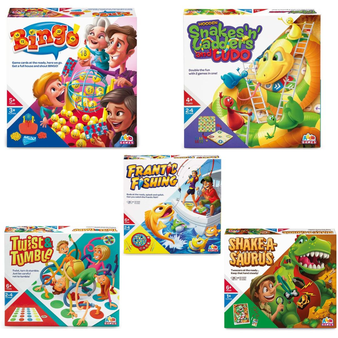 A bundle of five Addo Games boxes: Bingo, Wooden Snakes 'n' Ladders/Ludo, Frantic Fishing, Twist & Tumble, and Shake-A-Saurus.