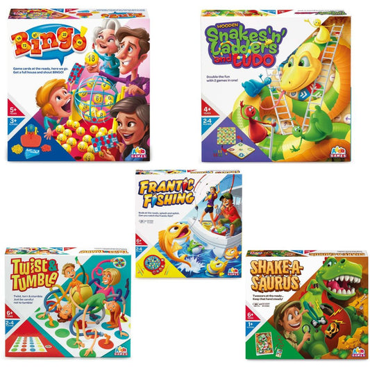 A bundle of five Addo Games boxes: Bingo, Wooden Snakes 'n' Ladders/Ludo, Frantic Fishing, Twist & Tumble, and Shake-A-Saurus.
