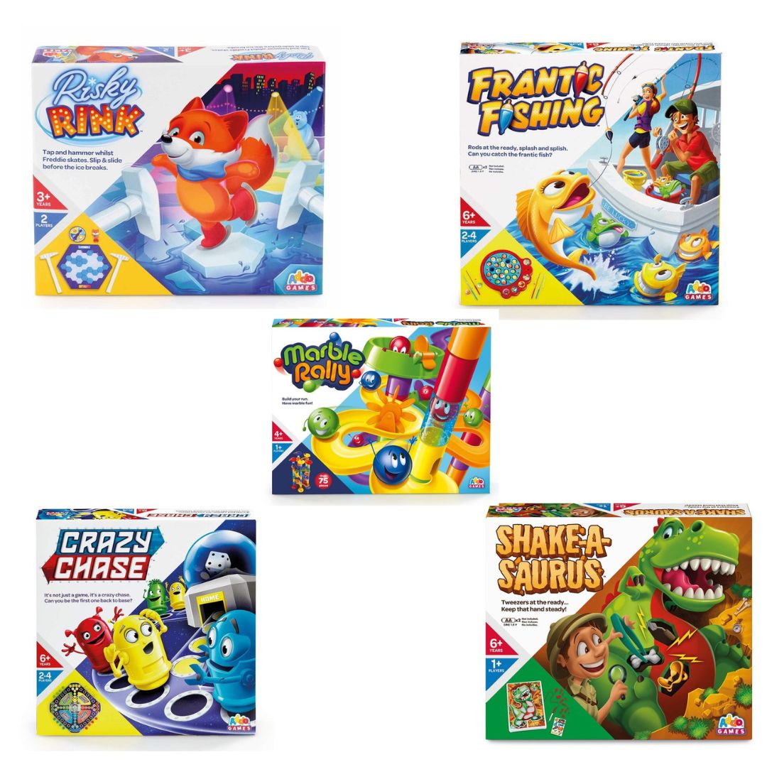 A collection of five Addo Games including Risky Rink, Frantic Fishing, Marble Rally, Crazy Chase, and Shake-A-Saurus.