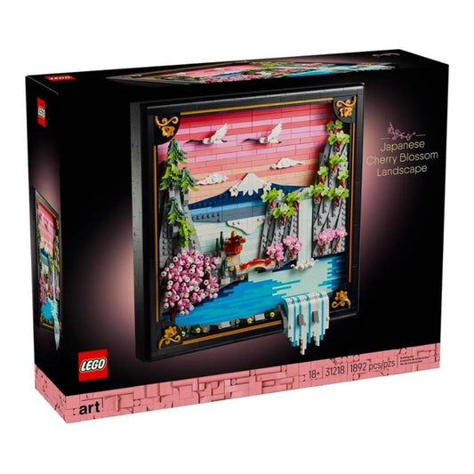 A 3D LEGO® Art set (31218) depicting a serene Japanese landscape with blooming pink cherry blossom trees against a soft sky.