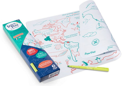 Coloring Mat  (5 Erasable Markers - World Map)